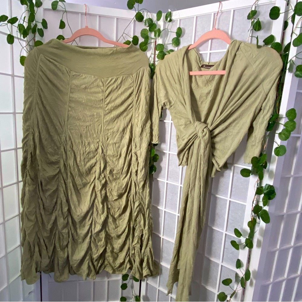 Moss Green Surrealist Two Piece Set, Skirt and Wrap Bohemian Style
